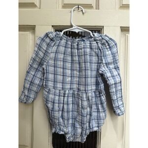 Old Navy Blue White Plaid Gauze Long Sleeve Romper Size 18-24 Months